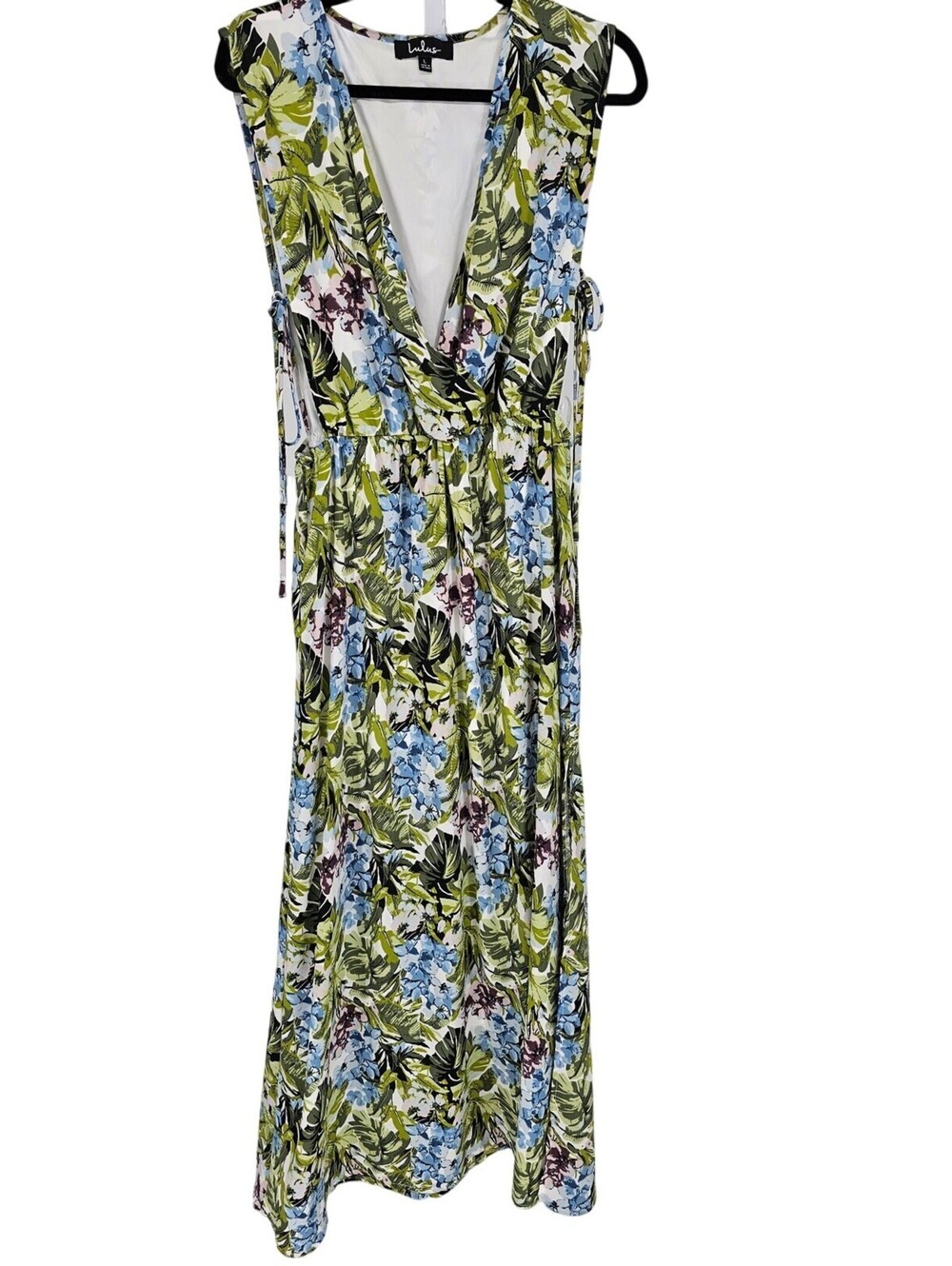 Lulus Womens Sz L Maxi Length V Neck Floral Dress Side Tie Green Blue